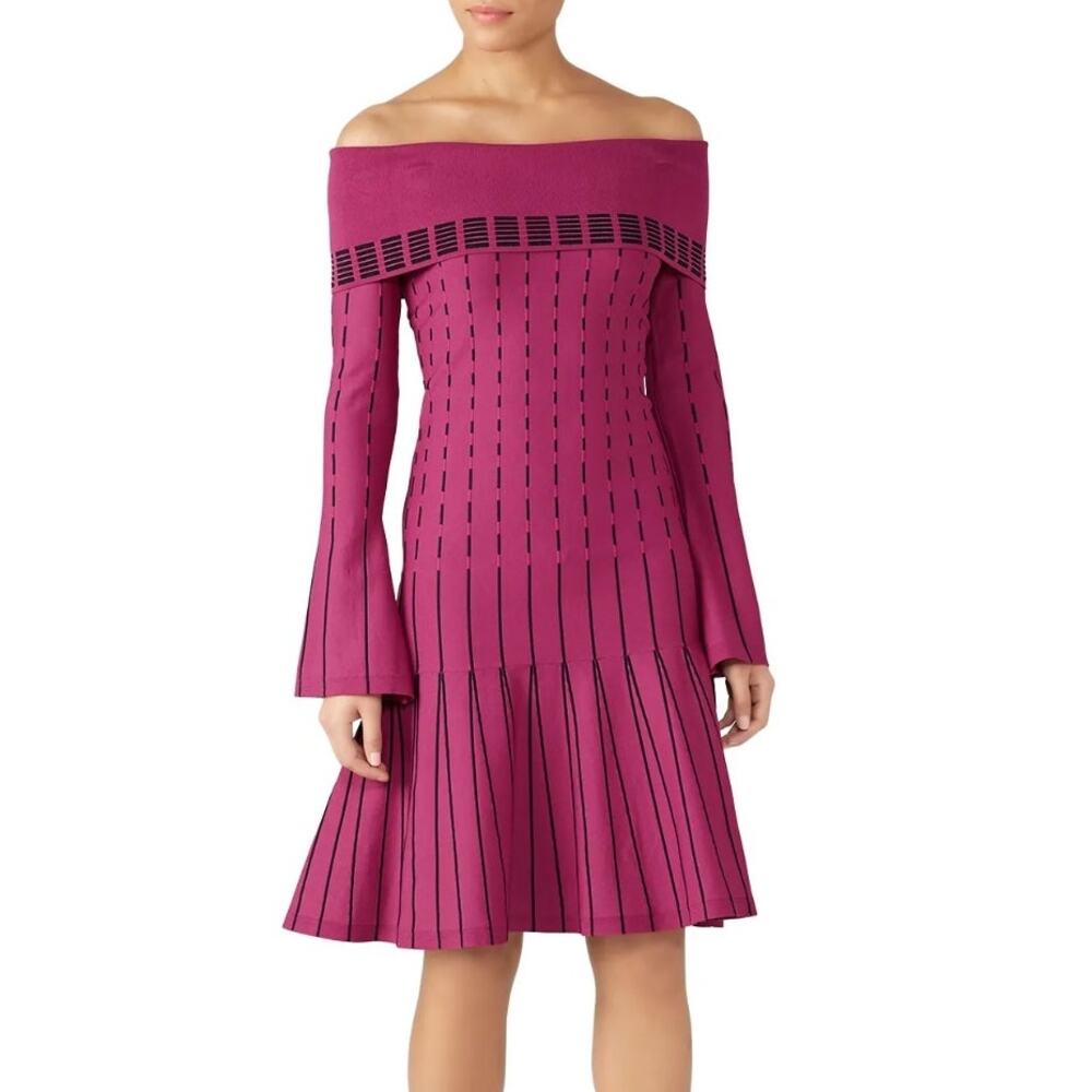 Prabal Gurung Off Shoulder Knit Dress Purple Stripe Bell Sleeve‎ Sz 10